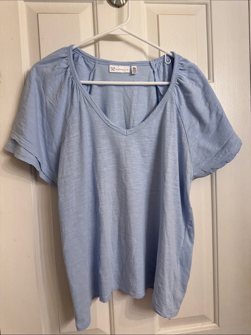 Rafaella Light Blue V-Neck Short Sleeve Tee with Gathered Shoulders
